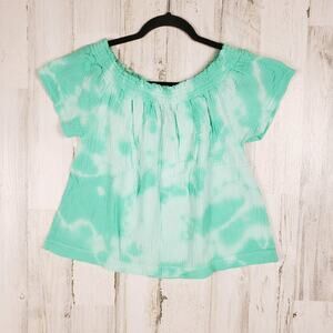 NWT Bobi Gathered Scoop Neck Blue Splatter Tie Dye Top Women's Size Small